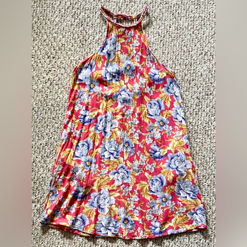 American Eagle Floral Halter Swing Dress RedBlue Crinkle Viscose Small petitefit